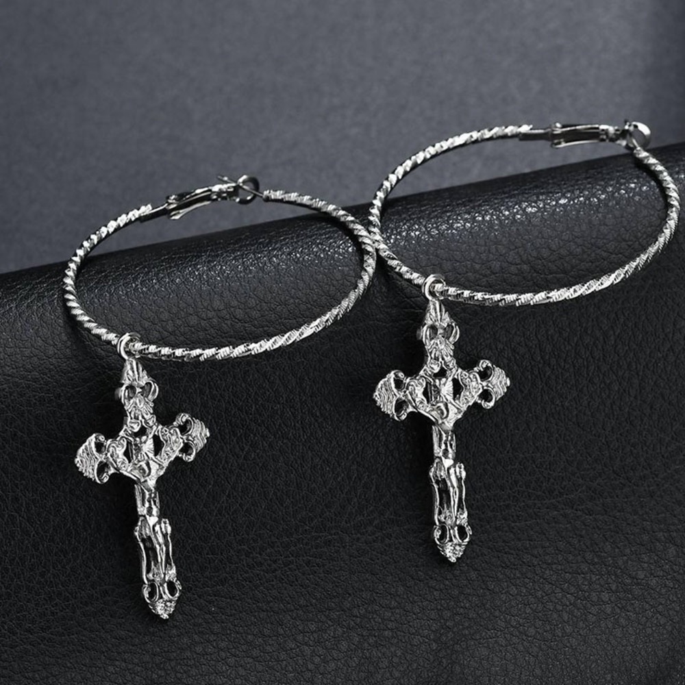 silver Cross Hoop Earrings
